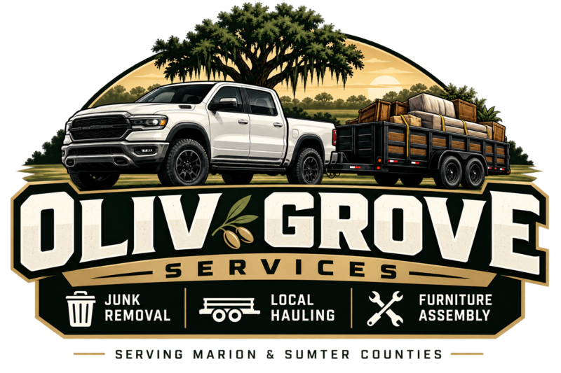 Oliv Grove Services emblem: truck and trailer under an oak, offering junk removal, local hauling and furniture assembly in Marion & Sumter Counties